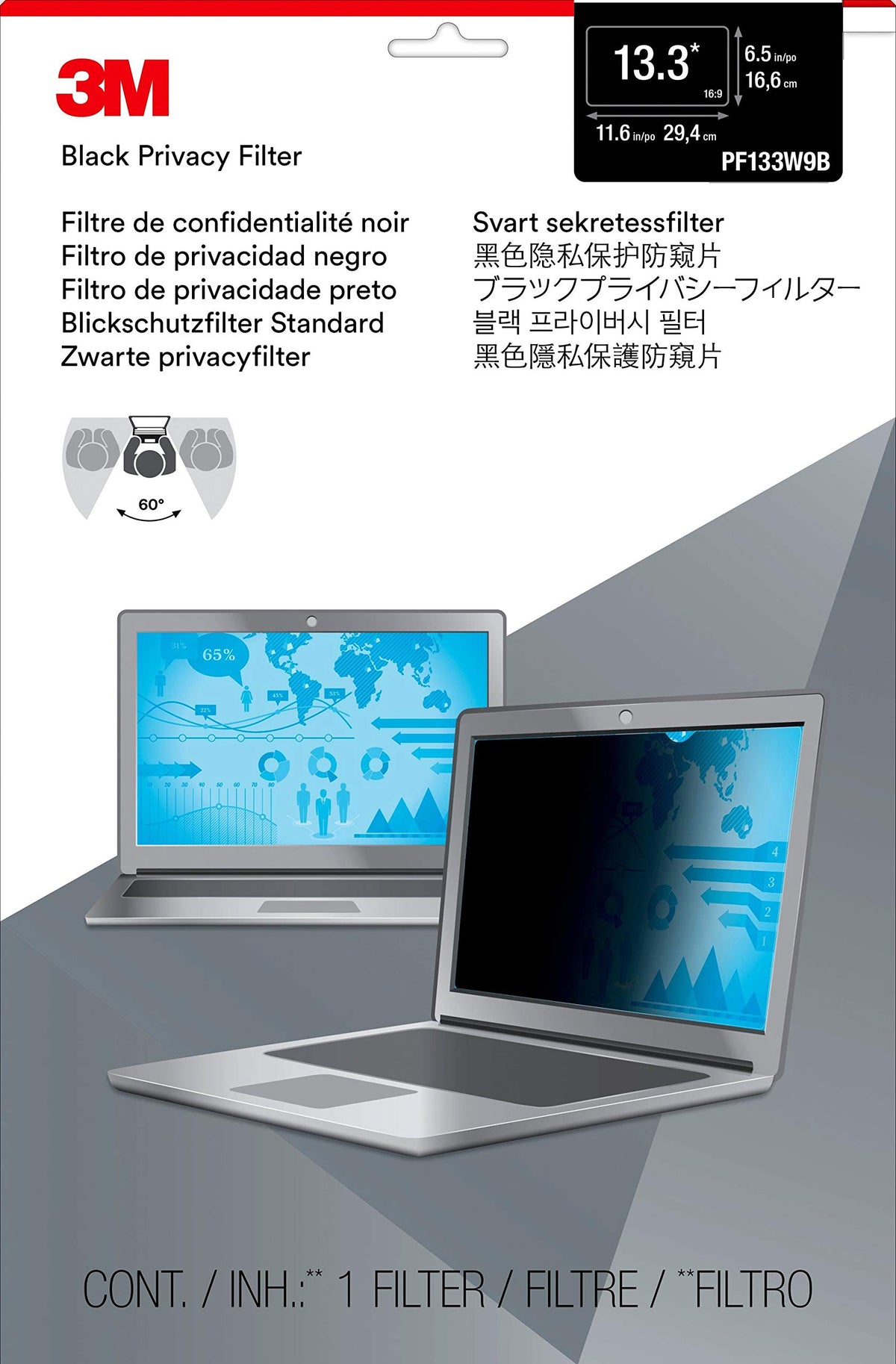 13.3 in. Blackout Frameless Privacy Filter for Widescreen Notebook by 3M – Plastic, Black, Model PF133W9B