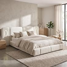 Furniture of America Korin Modern Queen Upholstered Platform Bed with Wall Panels, LED Lights and Boucle Fabric, No Box Spring Needed, Wooden Bedframe for Bedroom, Guest Room, Dorm, Ivory