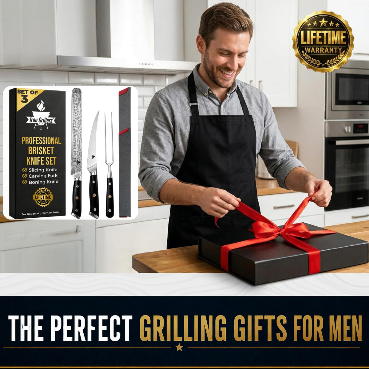 Iron Grillers Carving Knife Set, 12 Inch Slicing Knife with Boning Knife and Fork, Silver