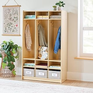 Guidecraft EdQ 3-Section Wooden Storage Locker for Classroom, Kids Natural Wood Cubby Organizer with Shelves and Hooks for Coats