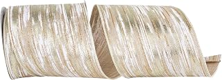 Reliant Ribbon Birch Bark Metallic Linen Wired Edge, Ivory/Silver, 4 Inch, 10 Yards