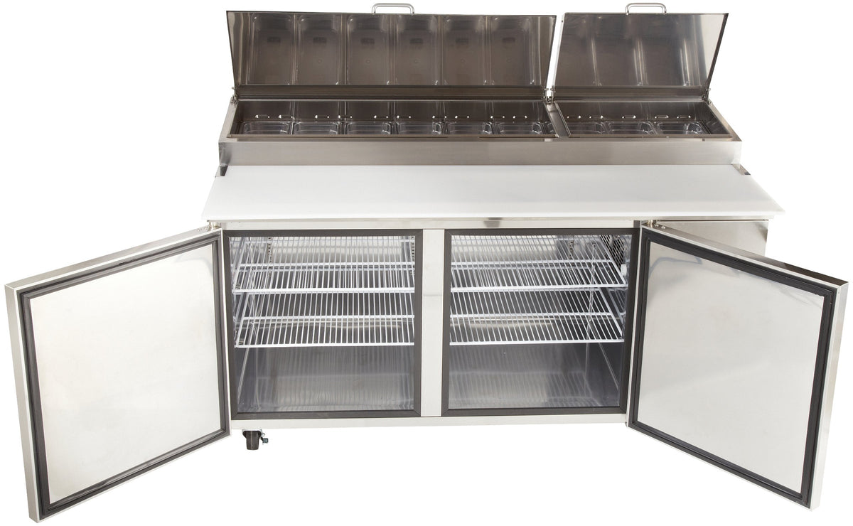 Kool-It Stainless Steel Pizza Table with 5" Swivel Castors and 2 Front Brakes by MVP Group – Stainless Steel, Model KPT-67-2