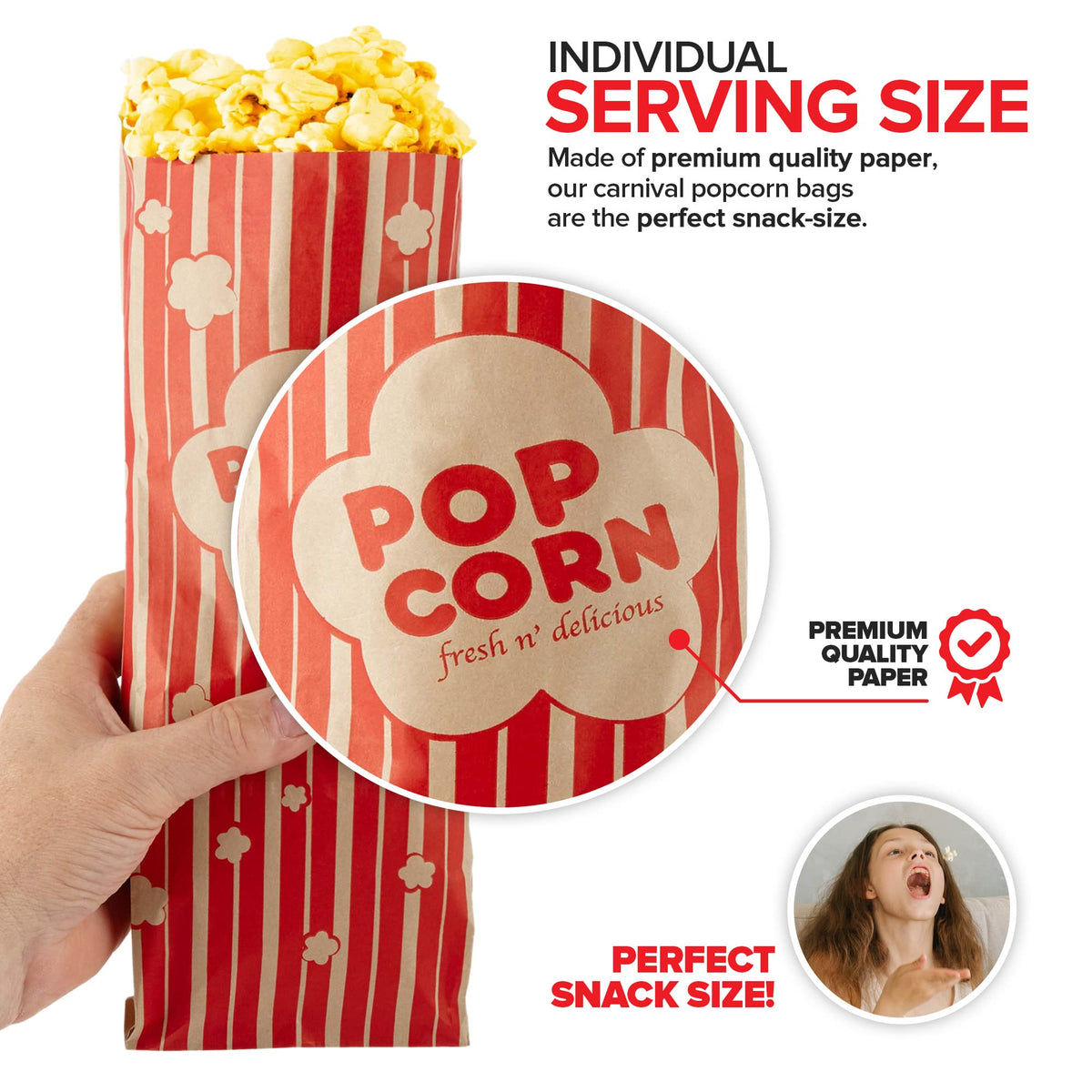 2 oz Paper Popcorn Bags Bulk (100 Pack) Large Kraft & Red Pop-corn Bag Disposable for Carnival Themed Party by Stock Your Home – 100 Count, 2.0 ounces, Plastic, Kraft & Red