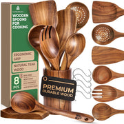 Woodenhouse Teak Wooden Utensil Set, 8 Piece with Holder, Brown