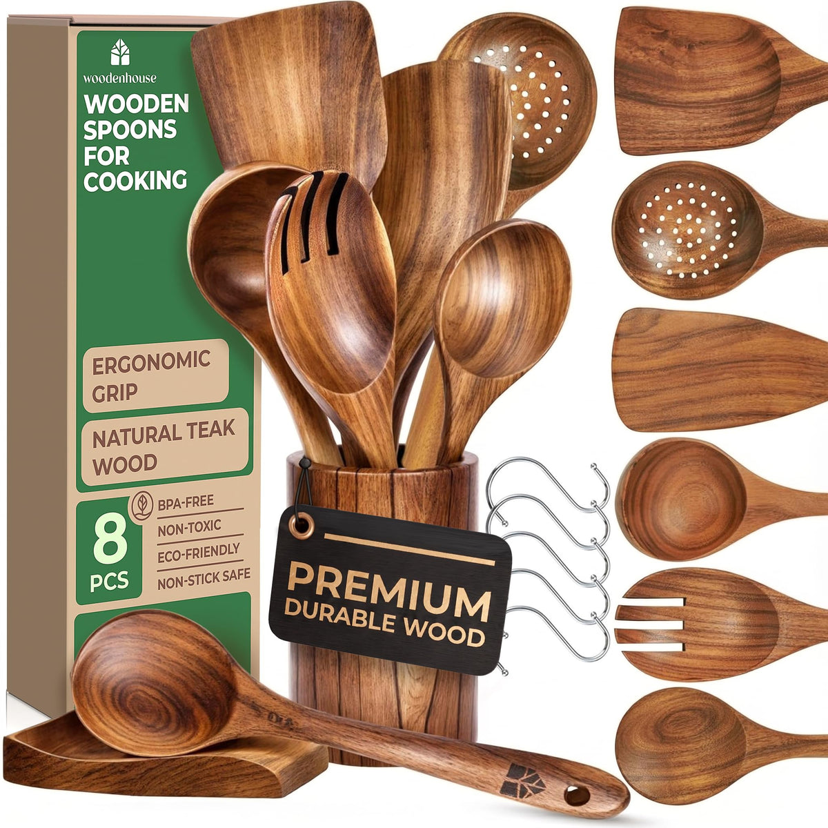 Woodenhouse Teak Wooden Utensil Set, 8 Piece with Holder, Brown
