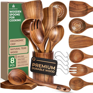 Woodenhouse Teak Wooden Utensil Set, 8 Piece with Holder, Brown