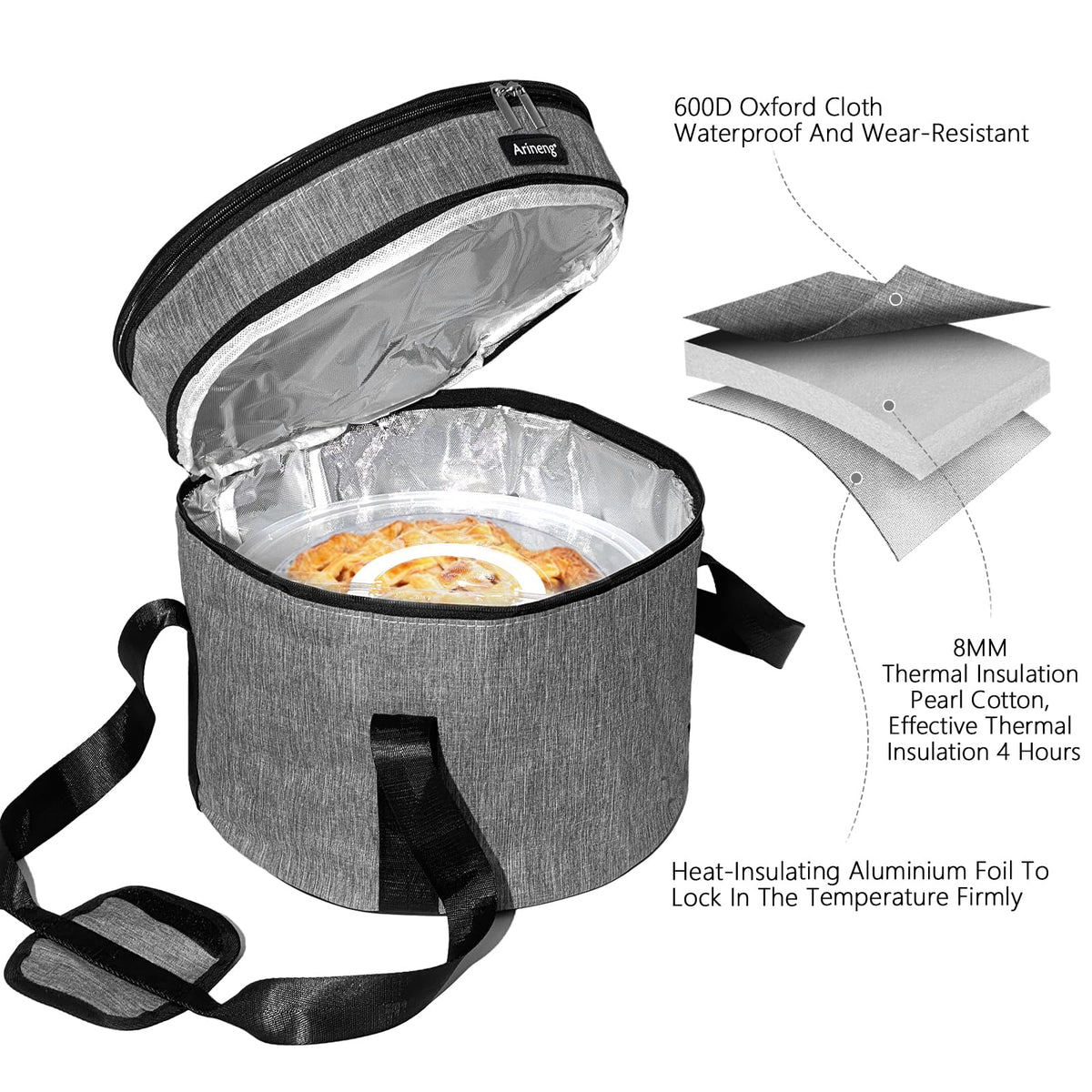 Arineng Pie Carrier Set with Insulated Bag, Holds 3 Pies or Pizza, Grey