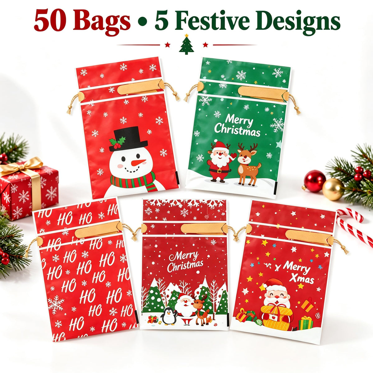 JOINDO Christmas Treat Bags, 6 by 9 Inches with 2 Inch Gusset, Set of 50