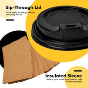 Racetop Paper Coffee Cups, 12 oz with Lids and Sleeves, Black, 100 Count