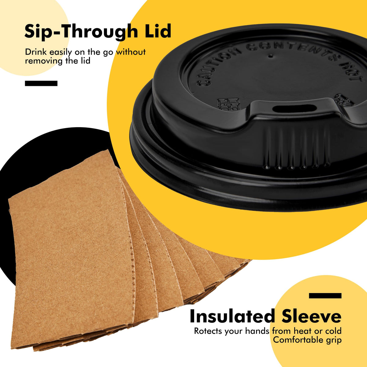Racetop Paper Coffee Cups, 12 oz with Lids and Sleeves, Black, 100 Count