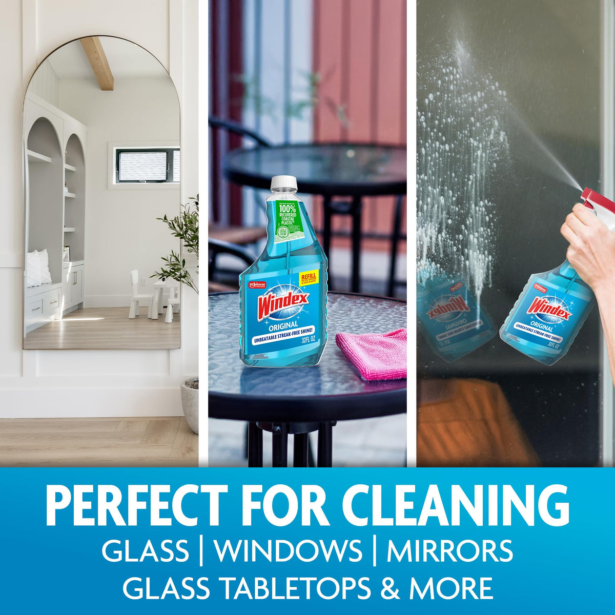 Refill Original Blue Glass and Window Cleaner Bottles + 1 Reusable Spray Trigger by Windex – 32 Fl Oz (Pack of 3), Original Glass Cleaner, Pack of 3, Model 343297