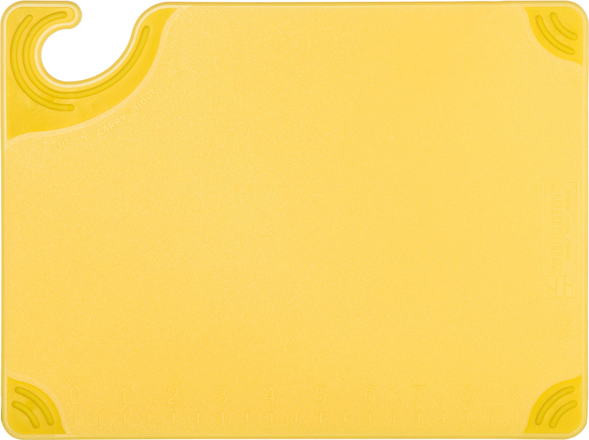 Saf-T-Grip Plastic Cutting Board with Safety Hook by San Jamar – 12"L x 9"W, Co-Polymer, Yellow, Model CBG912YL