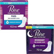 Poise Incontinence Pads & Postpartum Incontinence Pads for Women Bundle: 4 Drop Moderate Absorbency, Regular Length, 132ct and 8 Drop Overnight Absorbency, Extra-Coverage Length, 72ct