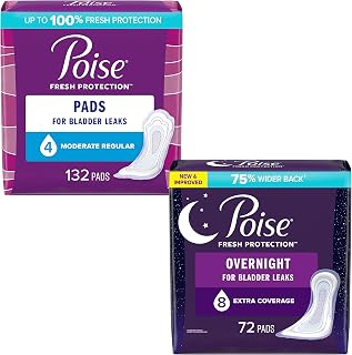 Poise Incontinence Pads & Postpartum Incontinence Pads for Women Bundle: 4 Drop Moderate Absorbency, Regular Length, 132ct and 8 Drop Overnight Absorbency, Extra-Coverage Length, 72ct