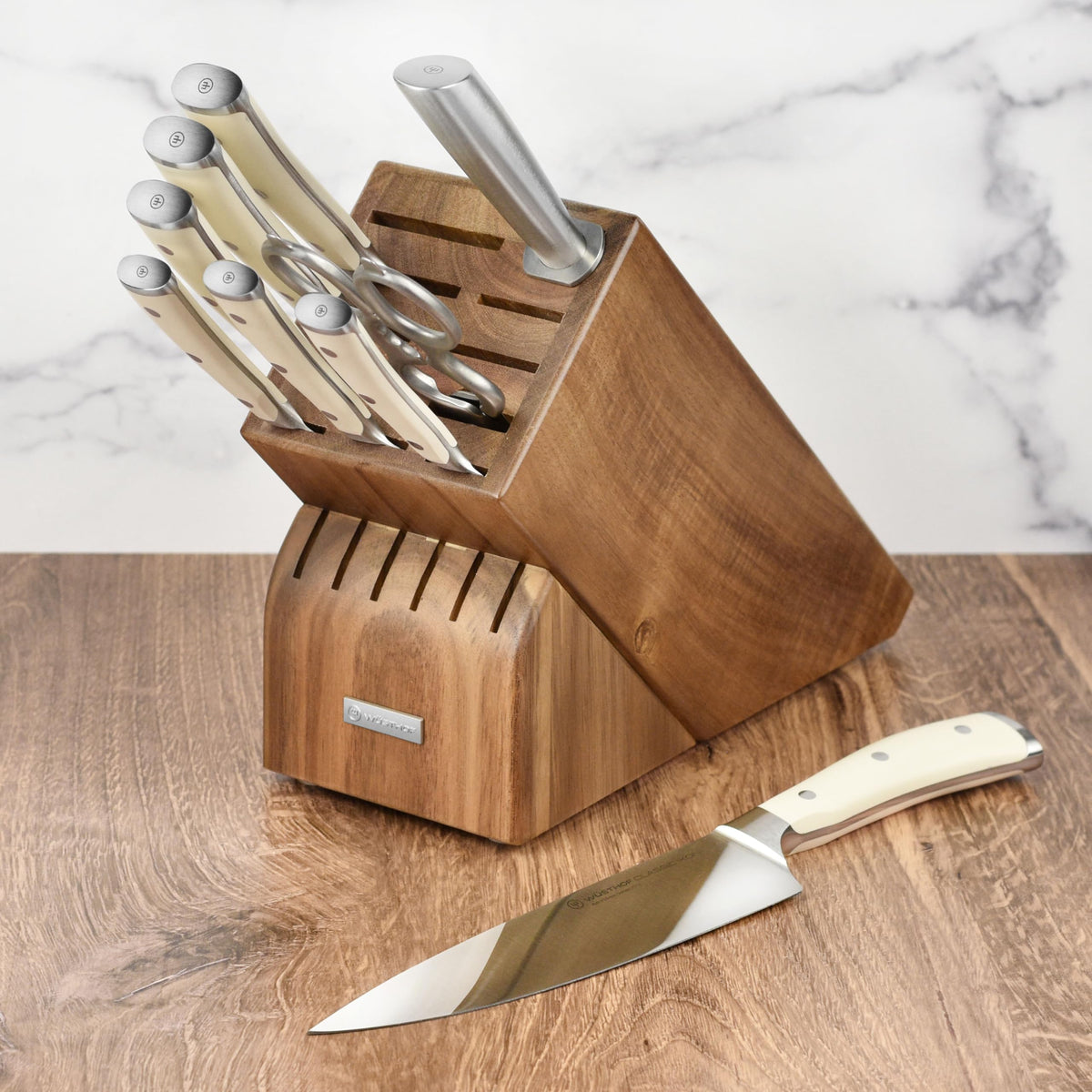 Wusthof Classic 10 Piece Knife Set with Acacia Block by Wüsthof – Stainless Steel,Steel, Acacia Block, Pack of 10, Model Ikon Creme
