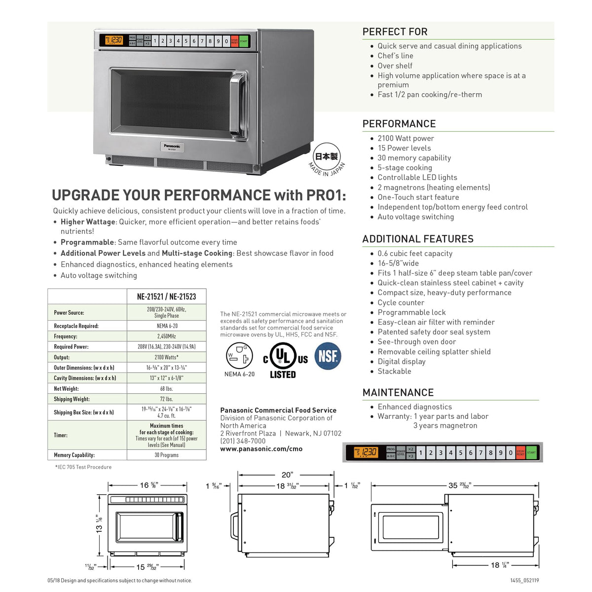 PRO1 Commercial Microwave Oven by Panasonic – 0.6 cubic_feet, Stainless Steel, Model NE-21521