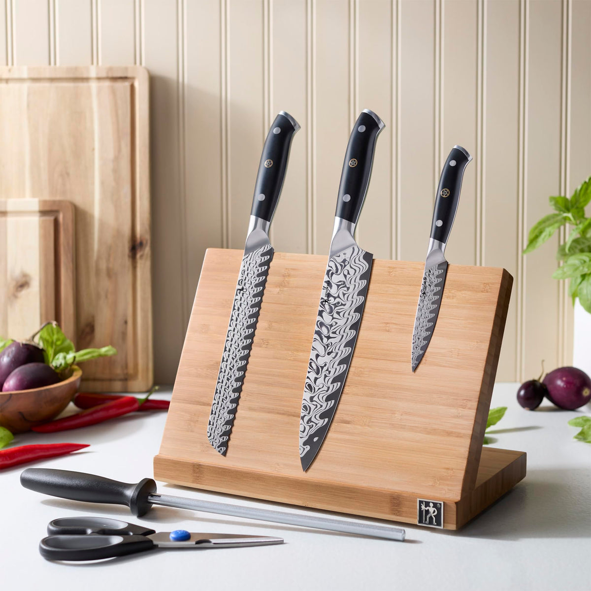 Compass Damascus 6-pc Magnetic Easel Damascus Knife Set by HENCKELS – 8", Steel, Natural, Model 1030972