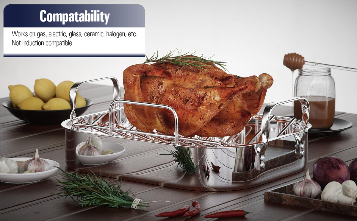 Cooks Standard Classic Stainless Steel Roaster Pan with Rack, 16 x 13 Inch, Silver