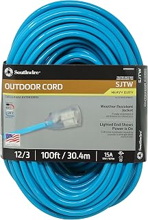 Southwire 02579-0H 100-Foot 12/3 Neon Outdoor Extension Cord, Bright Blue