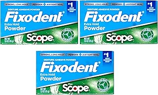 Fixodent Denture Adhesive Powder, Extra Strong, Plus Scope, Strong, Long Hold Powder, Airtight Seal, 1.6 OZ, Pack of 3