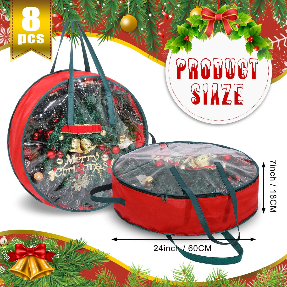 Shappy Wreath Storage Bag, 24 Inch Diameter, Clear with Red Trim, Set of 8