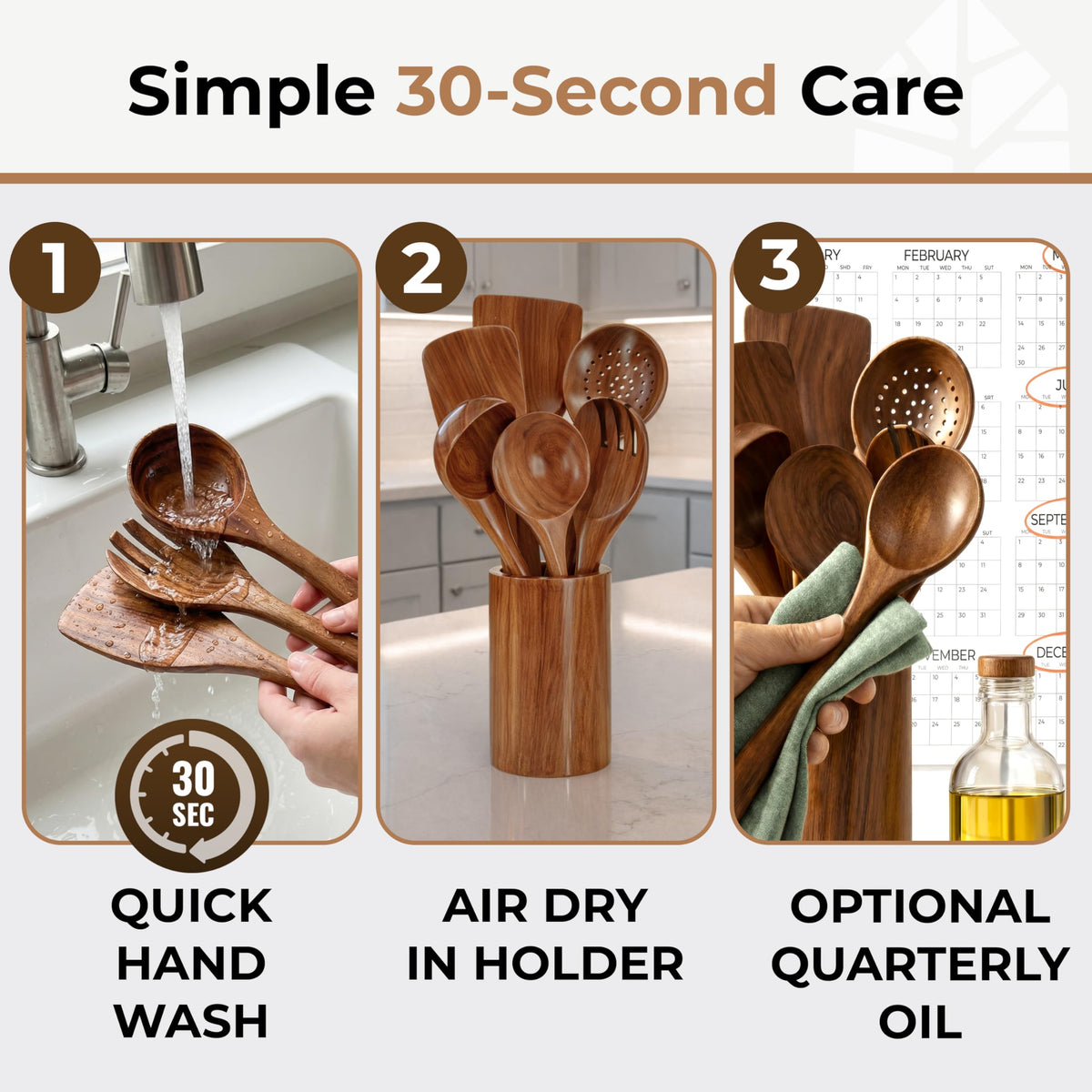 Woodenhouse Teak Wooden Utensil Set, 8 Piece with Holder, Brown