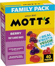 Mott's Berry Fruit Flavored Snacks, Made with Real Fruit Puree, 40 Pack | Gluten-Free, Gelatin-Free, Fat-Free, Made with Real Fruit & Veggie Puree, No Artificial Dyes, Excellent Source of Vitamin C