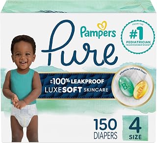 Pampers Pure Baby Diapers, Size 4 (22-37 lbs), 150, Up to 100% Leakproof, Premium Hypoallergenic Soft Diapers