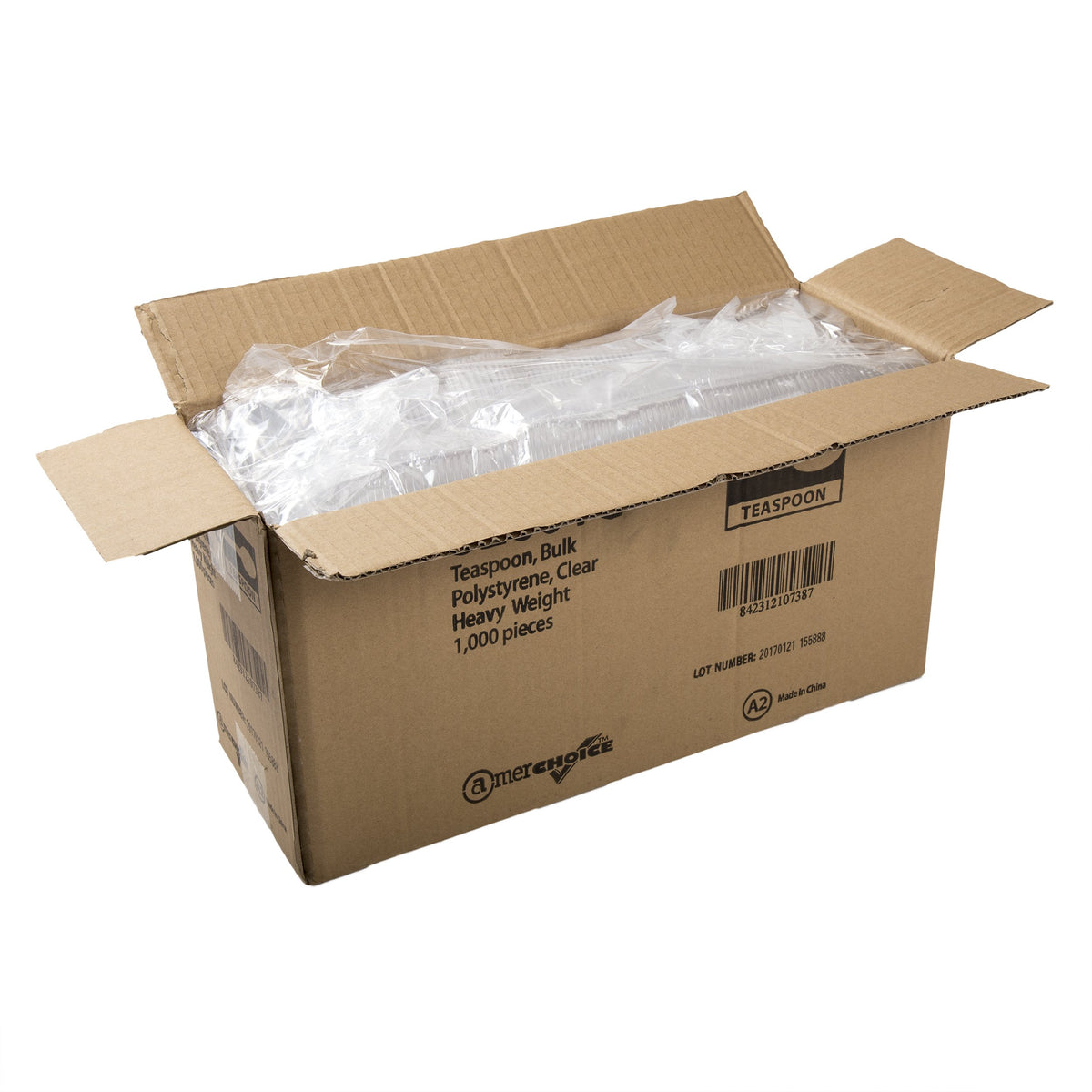 AmerCareRoyal Heavy Weight Unwrapped Disposable Polystyrene Plastic Teaspoons for Restaurants and Catering – Paper, Clear, Pack of 1000, Model S2601C-C