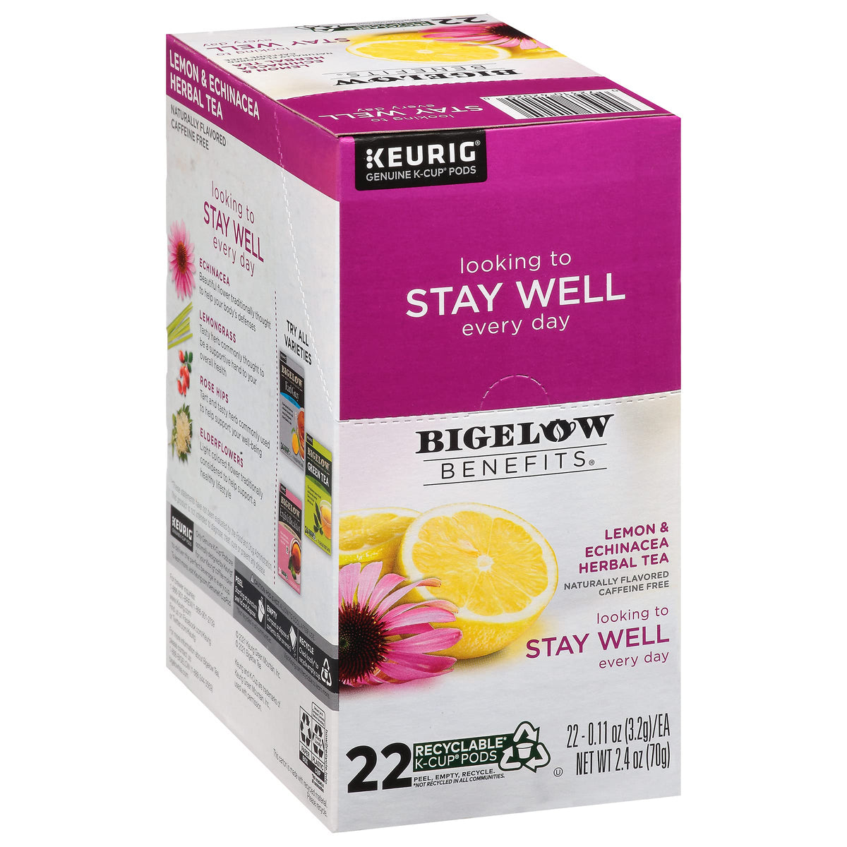 Bigelow Benefits Stay Well Lemon Echinacea Keurig K-Cups Pods Herbal Tea by Bigelow Tea – 22 Count (Pack of 4), Brown, Pack of 4, Model 5000359645