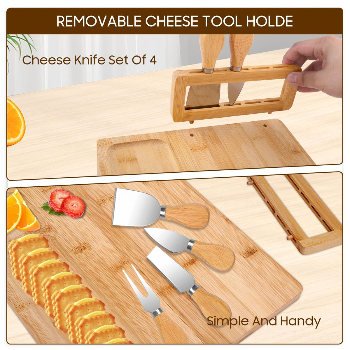 Turimon Bamboo Charcuterie Board, With 4 Knives And Fruit Tray, Wood