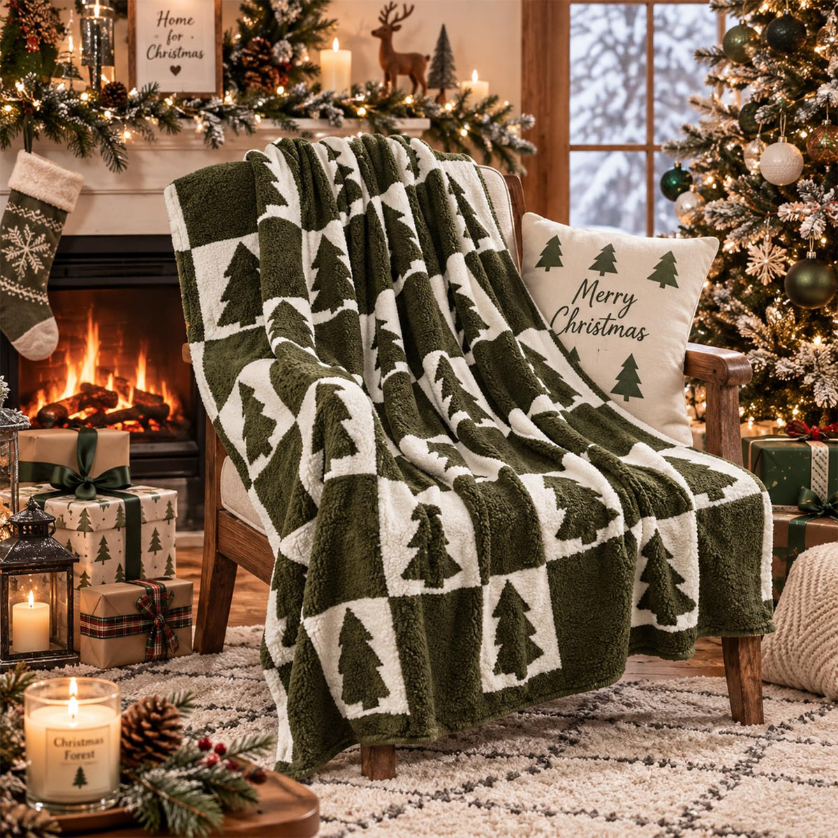 Buryeah Knit Throw Blanket, Olive Green Christmas Tree, 50x60 Inches