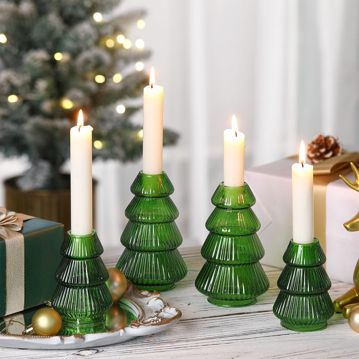 Leinuosen Glass Candlestick Set, Tree Shape, Green, 4 Pieces