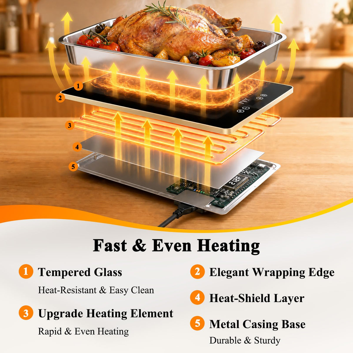 FYY Modular Warming Tray, 13 Heat Settings, Black 4-Panel