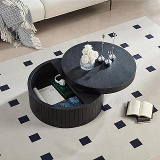 31" Storage Functional Coffee Table, Round Coffee Table with grooved Texture, Mesa De Centro para Sala with Durable Veneer Finish for Home Office and Apartment, Black