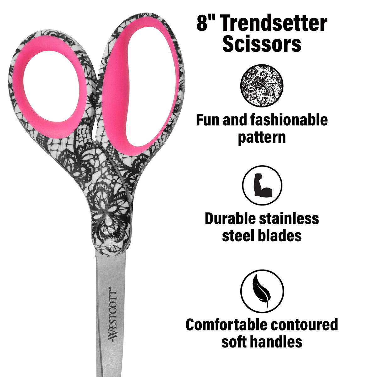 Trendsetter Straight Lace Pattern Scissor by Westcott – 8", Plastic, Multi, Model 16660