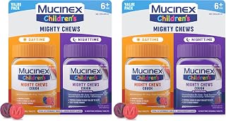 Mucinex Children Mighty Chews Kids Cough Medicine Daytime and Nighttime Value,Easy to Dose Cough Suppressant for Kids with Dextromethorphan,Mixed Berry Flavor,32 Medicated Chewable Tablets(Pack of 2)