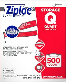 SC Johnson Professional Ziploc Quart Food Storage Bags, Grip 'n Seal Technology for Easier Grip, Open, and Close, 500 Count, Medium (Pack of 8, 4000 Count Total)