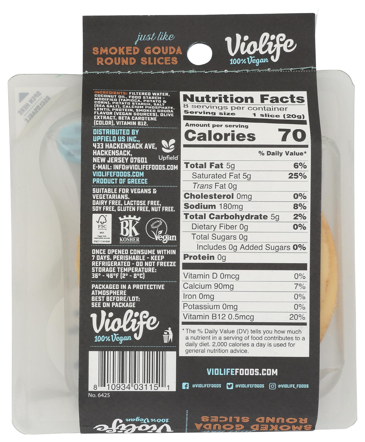 Plant Based Smoked Gouda Slices by Violife – 5.64 Ounce (Pack of 1), White, Model 0810934031151