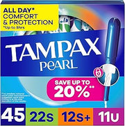 Tampax Pearl Tampons Multipack, with LeakGuard Braid, Super/Super Plus/Ultra Absorbency, Up to 100% Leak and Odor Free Protection, Unscented, 45 Count
