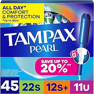Tampax Pearl Tampons Multipack, with LeakGuard Braid, Super/Super Plus/Ultra Absorbency, Up to 100% Leak and Odor Free Protection, Unscented, 45 Count