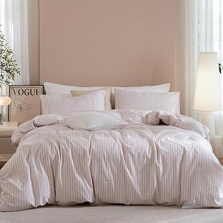 Queen Washed Cotton Duvet Cover Set, 3-Piece, Linen-Like Stripe