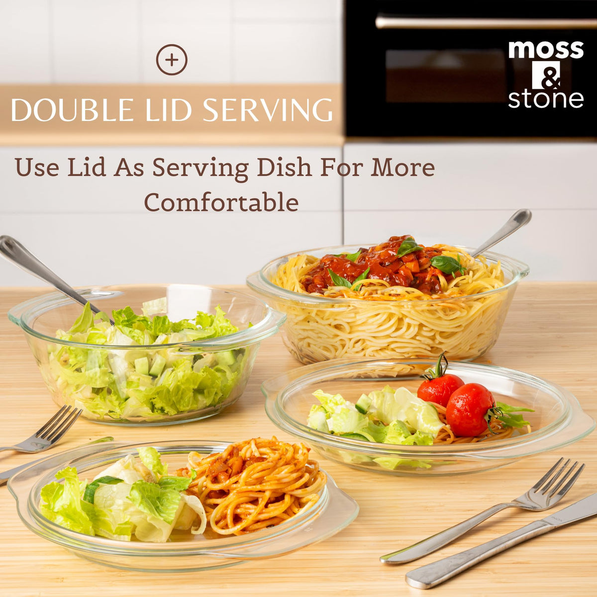 Moss & Stone Glass Casserole Set with Lids, Borosilicate, Clear, 3 Sizes