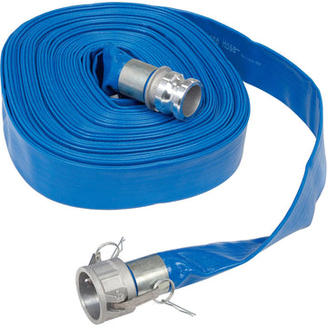 2" x 100' PVC Lay Flat Discharge Hose w/C x E Aluminum Cam & Groove Fittings by Apache – 15"L x 15"W x 3"H, Polyvinyl Chloride (PVC), Blue, Model 98138053