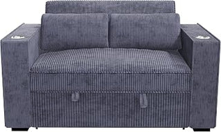 Poundex Convertible Sofa in Dark Gray Corduroy with Foam Cushions and Cupholders