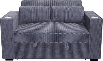 Poundex Convertible Sofa in Dark Gray Corduroy with Foam Cushions and Cupholders