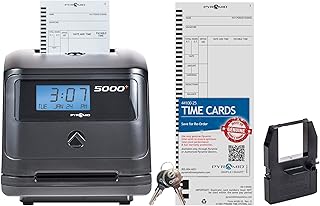 Pyramid Time Systems Model 5000 Auto Totaling Time Clock - Black | Employee In/Out Time Tracker for Small Business, Includes 25 Time Cards, 1 Ink Ribbon Cartridge, 2 Security Keys, User Guide