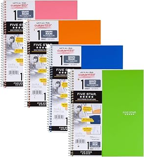 Five Star Spiral Notebook, 1 Subject, Graph Ruled Paper, 100 Sheets, 11" x 8-1/2", Color Will Vary, 4 Pack (06190)