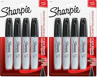 Sharpie Permanent Markers, Large, Chisel Tip, Black,Marks on Paper, Plastic, Metal, and More, 4 Count (Pack of 2)