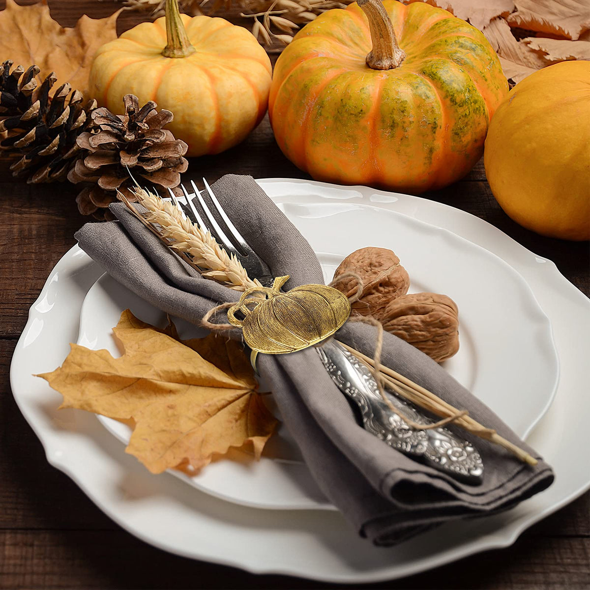 Patelai Pumpkin Napkin Rings, Set of 24, Assorted Fall Leaf and Pumpkin Shapes